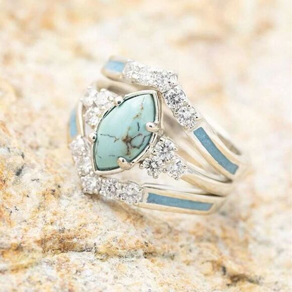 None Jewelry - Western Bohemian Navajo Turquoise Wedding Engagement Ring Diamond Ring Set